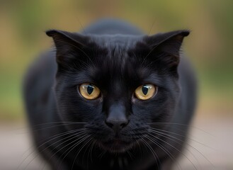 Intense Close-Up Portrait of a Black Cat with Large Golden Eyes