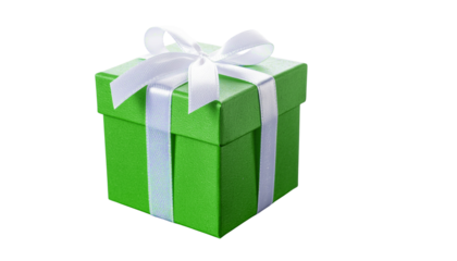 A small green gift box with a white ribbon tied in a bow sitting against a plain white background alpha channel
