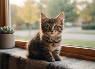 Cute Brown Striped Cat Looking at the Camera by the Window
