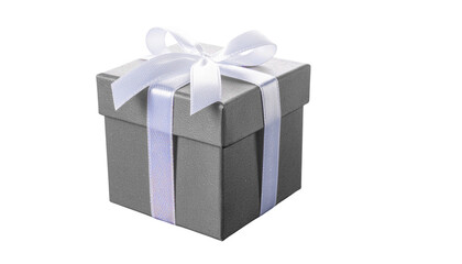 Fototapeta premium A neatly wrapped gray gift box with a white ribbon and bow on top, isolated on a white surface, transparent background