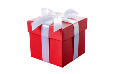 A bright red gift box with a white ribbon and bow tied neatly on top, isolated on a white background, alpha channel
