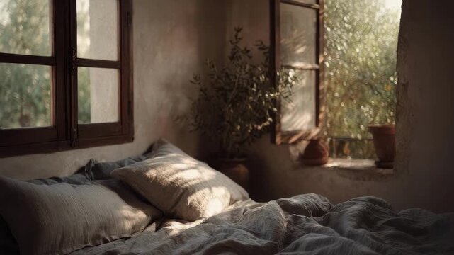 Soft sunlight streams through open windows onto a rumpled bed in a cozy plant-filled bedroom.
