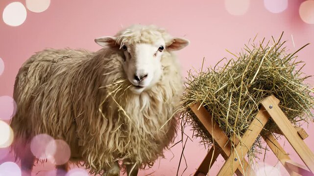 A tranquil sheep stands calmly next to a wooden hay stand as it munches on a pile of fresh hay, perfectly capturing the idyllic concept of peaceful rural life, evoking feelings of serenity and.