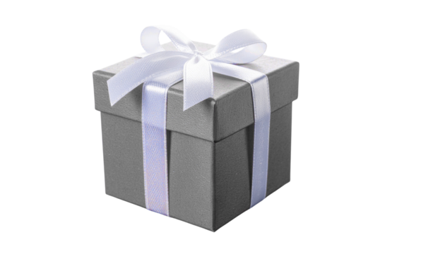 A neatly wrapped gray gift box with a white ribbon and bow on top, isolated on a white surface, transparent background