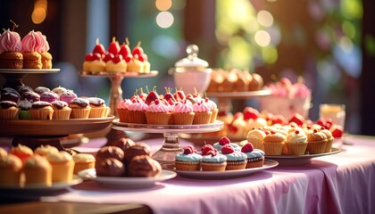 A dessert table laden with colorful cupcakes and mini cakes, draped with a pink cloth, under soft, blurred lights