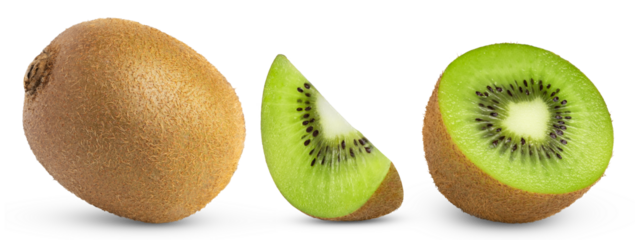 Kiwi with slices collection isolated. Half of kiwi and slice with whole kiwi fruit.