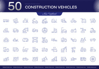 Construction Vehicles stroke icon. Construction Vehicles line icon set. editable stroke icon pack. Line, Thin, Linear Style Icon Bundle. Fully Customizable Excavator, Bulldozer, Crane, Loader, Dumptru