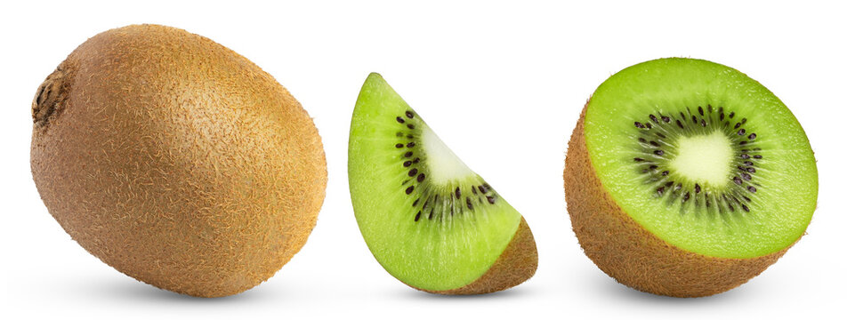 Kiwi with slices collection isolated. Half of kiwi and slice with whole kiwi fruit.