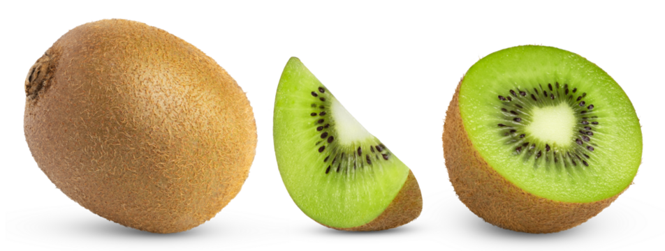 Kiwi with slices collection isolated. Half of kiwi and slice with whole kiwi fruit.