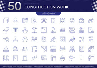 Construction work stroke icon. Construction work line icon set. editable stroke icon pack. Line, Thin, Linear Style Icon Bundle. Fully Customizable Building, Excavation, Concrete, Scaffolding