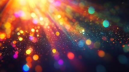 Abstract colorful light beams and bokeh particles create a dreamy and magical background illustration