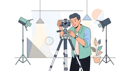 Professional photographer adjusting camera on tripod in modern studio setup ready for vibrant photoshoot, capturing creative vision with precision focus