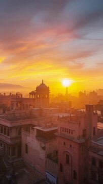 Vertical video: Emerging sun behind sandstone roofs bathing rooftop pavilion in warm dawn glow