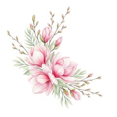 Delicate pink magnolia blossoms and willow branches watercolor illustration