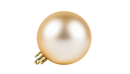 A shiny gold christmas ornament with a metallic finish and a small hanging loop on a transparent background