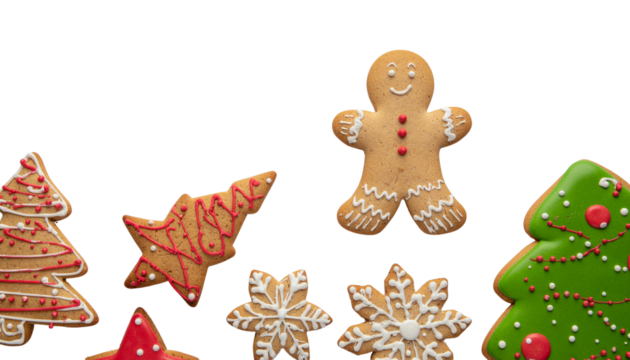 Gingerbread cookies shaped like a man, trees, stars, and snowflakes decorated with icing and sprinkles on white