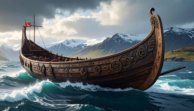 A detailed Viking longship on water, with snow-capped mountains and a cloudy sky in the backdrop