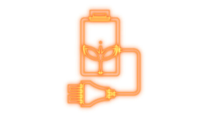 Orange neon icon of a battery with a plant sprout, power plug symbolizing green energy, sustainability, and eco-friendly charging, isolated on transparent background.