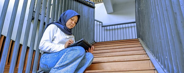 
woman wearing hijab sitting on wooden stairs holding a digital tablet