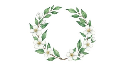 Elegant oval floral wreath with delicate white flowers and green leaves