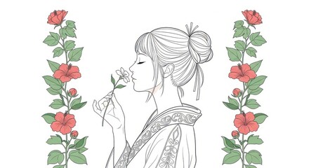 Elegant woman in traditional attire with rose garland border