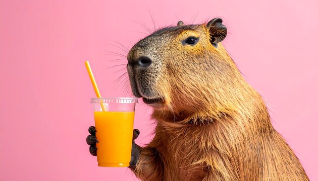 A capybara holds a drink, with a straw, looking to the right, set against a bright pink background