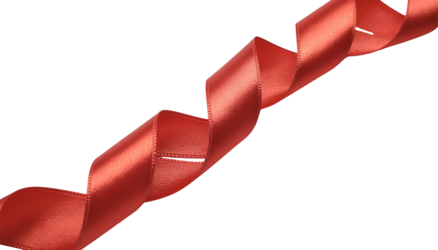 A shiny red satin ribbon twisted elegantly in a spiral shape on a white surface with a transparent background