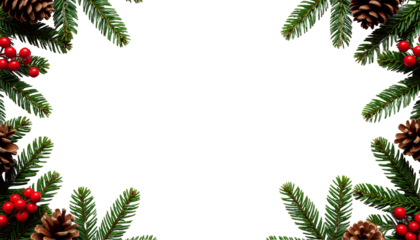 Festive arrangement of pine branches, red berries, and pine cones framing a blank space for text on a solid white background
