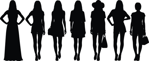 Fashion silhouette, stylish women, dress illustration, handbag accessory, modern outfit, trendy clothing, elegant posture, hat style, character modeling, lifestyle design