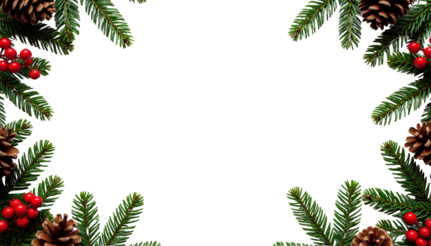 Festive arrangement of pine branches, red berries, and pine cones framing a blank space for text on a solid white background