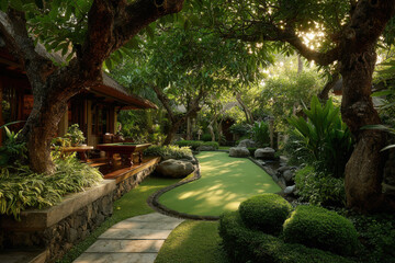 A wooden tropical house surrounded by lush green foliage and lawn. The atmosphere is one of a serene jungle retreat and a natural resort.
