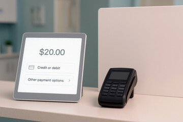 Point of sale terminal and card reader on a checkout counter for payment.