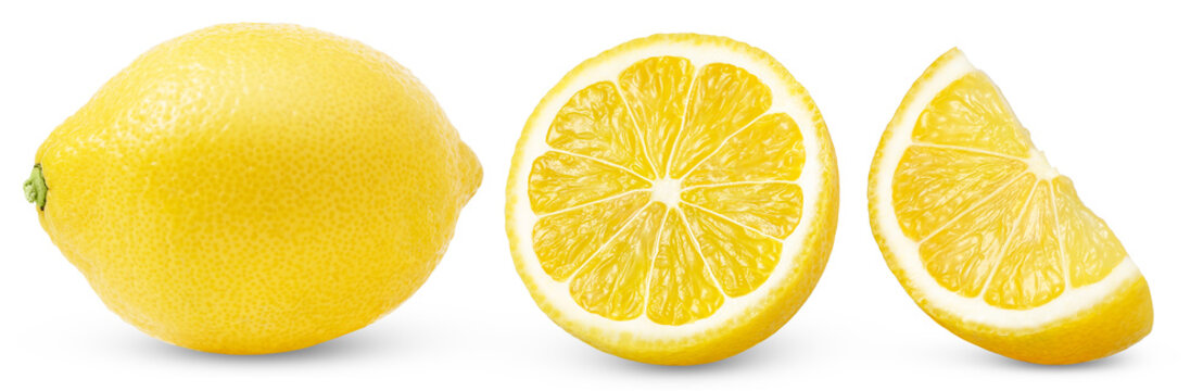 Set of lemon fruits, slice and half isolated on a white background, Collection of fresh juicy lemons, clipping path