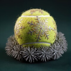 Tennis ball with snowflake design on a festive wreath.