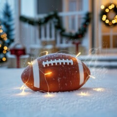 American football wrapped in festive lights in the snow.