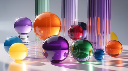 Colorful glass spheres and prisms casting vibrant light and shadows