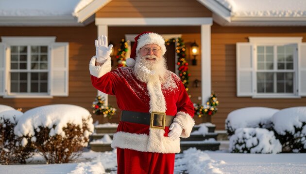 Jolly Santa Claus waving hello outside cozy home covered in fresh snow for heartwarming Christmas holiday celebration and cheerful festive season greetings