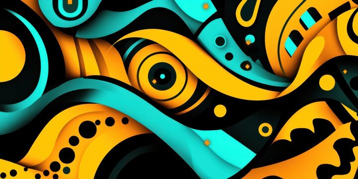 Abstract geometric pattern with yellow and blue waves and shapes. Modern graphic art with vibrant colors and dynamic flowing lines creates striking visual interest.