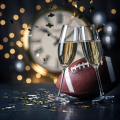 Champagne toast with football and clock for New Year's Eve celebration.