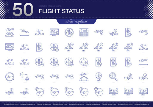 Flight Status stroke icon. Flight Status line icon set. editable stroke icon pack. Line, Thin, Linear Style Icon Bundle. Fully Customizable, Departure, Arrival, Delay, Cancellation, Gate