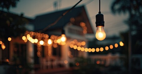 A single bulb, warm light, against a blurred backdrop of outdoor string lights