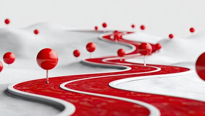Winding red path through a snowy landscape, dotted with red spheres