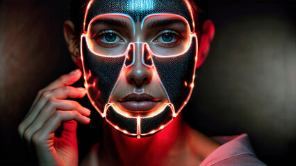 Close up of woman with futuristic LED therapy mask for facial skincare treatment.