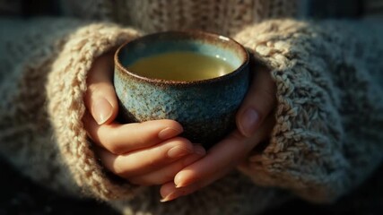 Cozy hands in a chunky knit sweater cradle a blue ceramic mug of hot tea. - Powered by Adobe