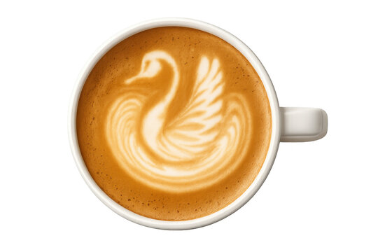 Cappuccino with swan latte art, top view of a coffee drink including milk foam, espresso, and opaque cup - Powered by Adobe