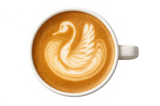 Cappuccino with swan latte art, top view of a coffee drink including milk foam, espresso, and opaque cup