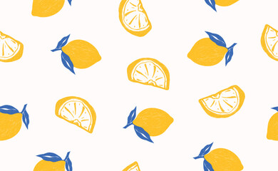 Whimsical hand drawn italian lemon seamless pattern. Blue, yellow summer print. Italy citrus floral sketch. Fruit background for wedding, packaging, fabric, wrapping paper. Trendy vector illustration.