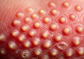 Macro shot of pustular psoriasis on a foot sole, showing numerous sterile white pustules on red, tender skin. A severe, painful autoimmune skin condition.