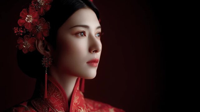 Close-up of a Tang Dynasty woman's exquisite makeup and profile
