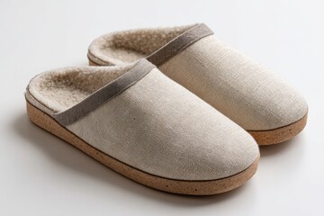 Pair of light beige linen-like house slippers with a soft, fuzzy lining and a light gray trim.  The soles are a natural cork color